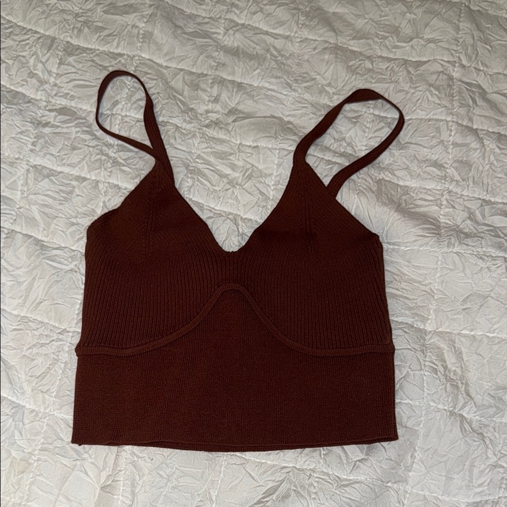 Brown Ribbed Knit Crop Top